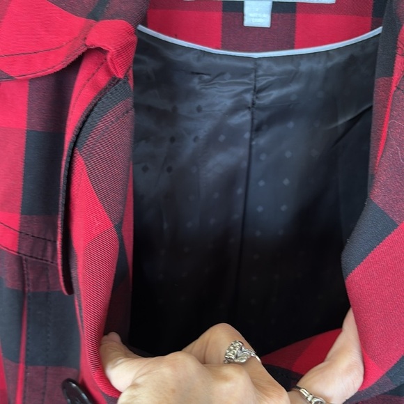 Jessica Simpson Buffalo Plaid Red Black Belted Coat Long Christmas Trench Jacket - Picture 11 of 15